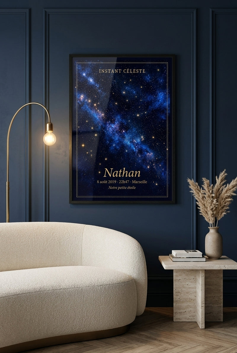 Affiche Étoiles Célestes Celestiar dans un salon, exemple de personnalisation