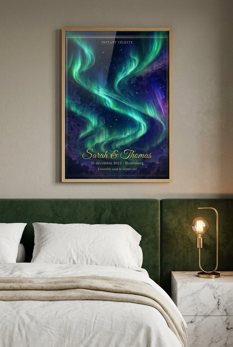 Affiche Aurore Boréale Celestiar dans un salon, exemple de personnalisation