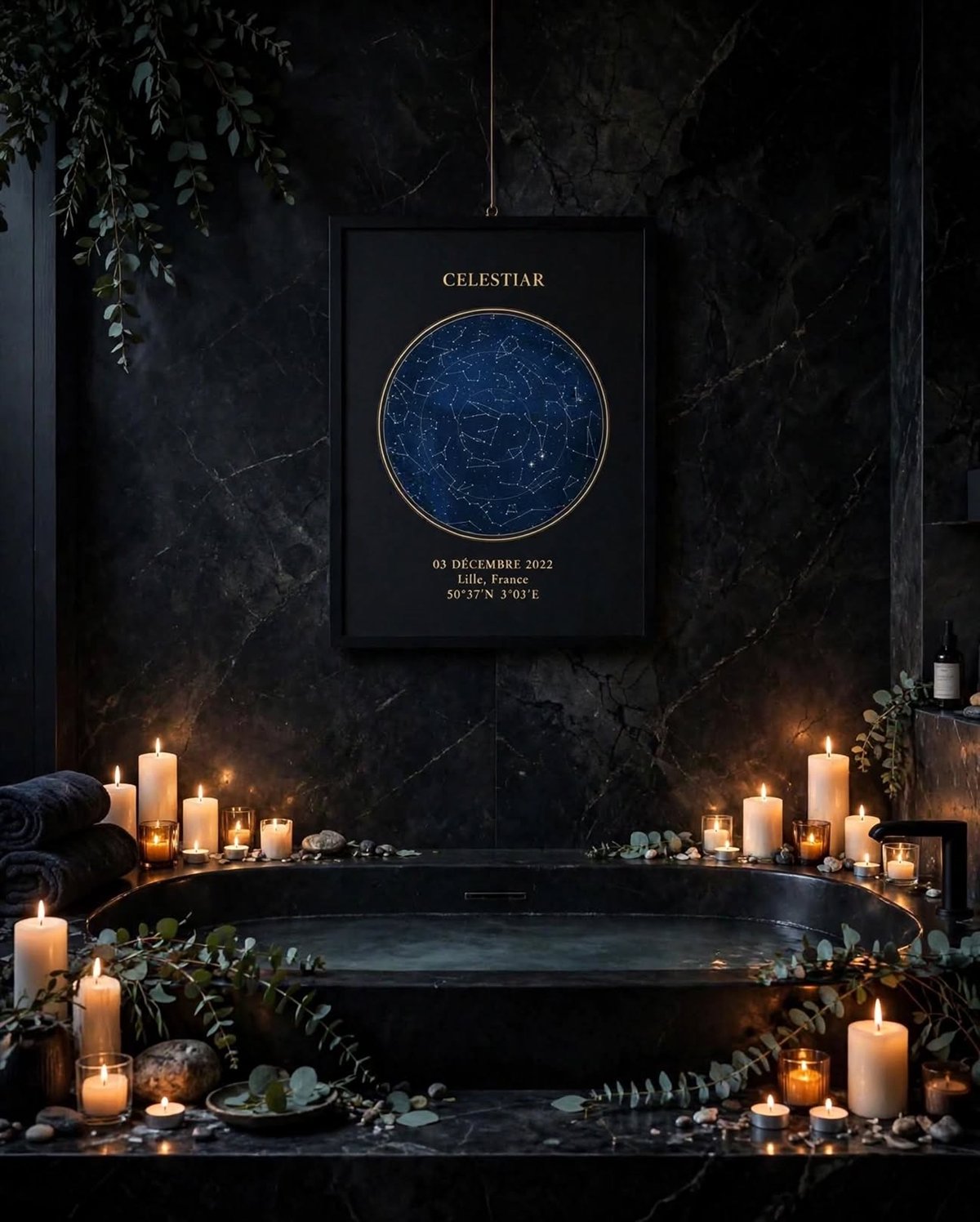 Celestiar poster with black background, black frame, on a black marble wall lit by candles