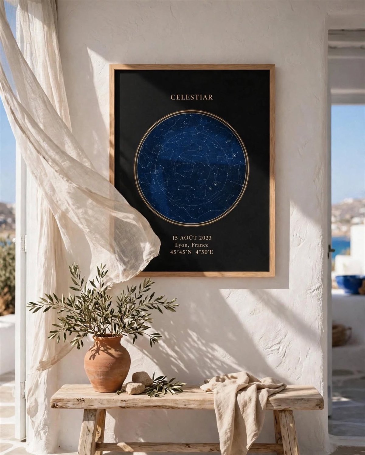 Celestiar poster with black background, oak frame, on a sunlit white wall