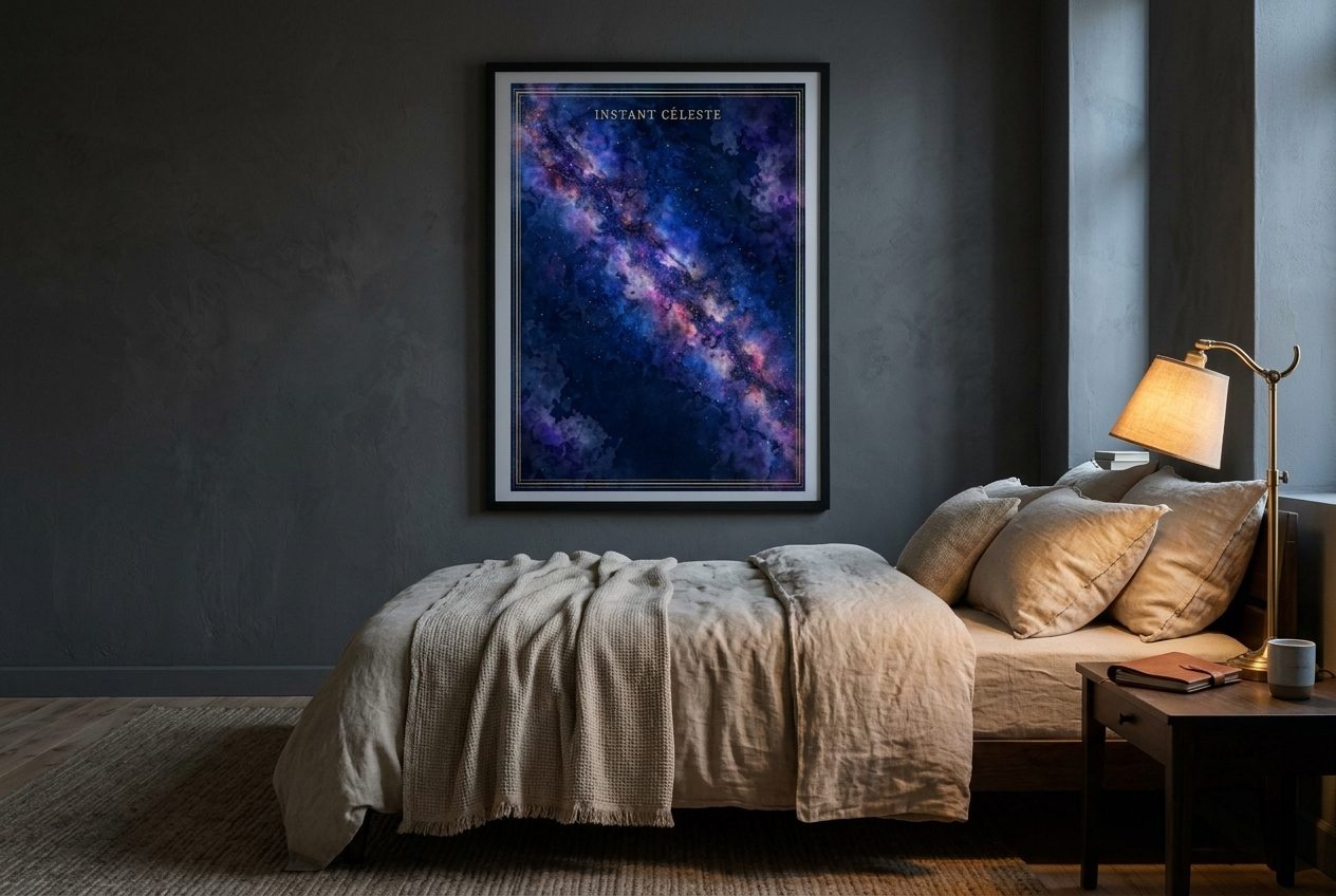 Affiche Voie Lactée en cadre noir au-dessus d'un lit (visuel d'illustration)